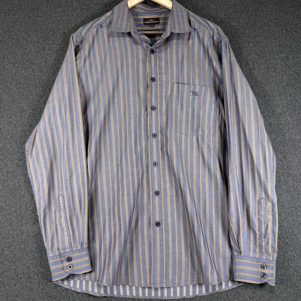 Rodd & Gunn Mens M Blue Tan Striped Long Sleeve Button Up Shirt Italian Fabric